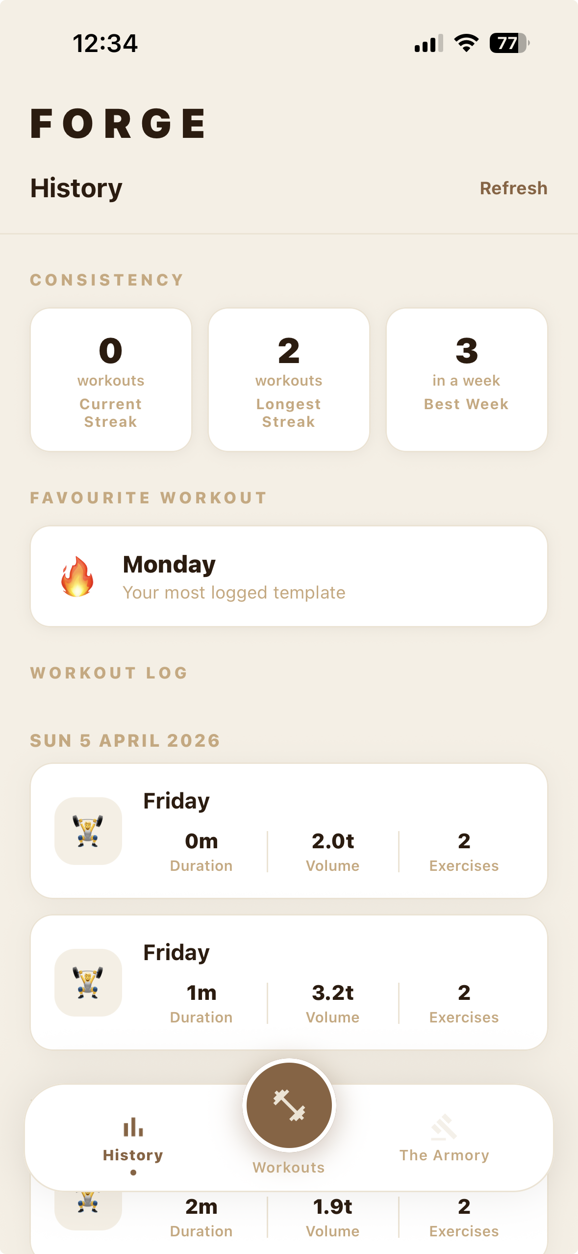 Forge History Screen