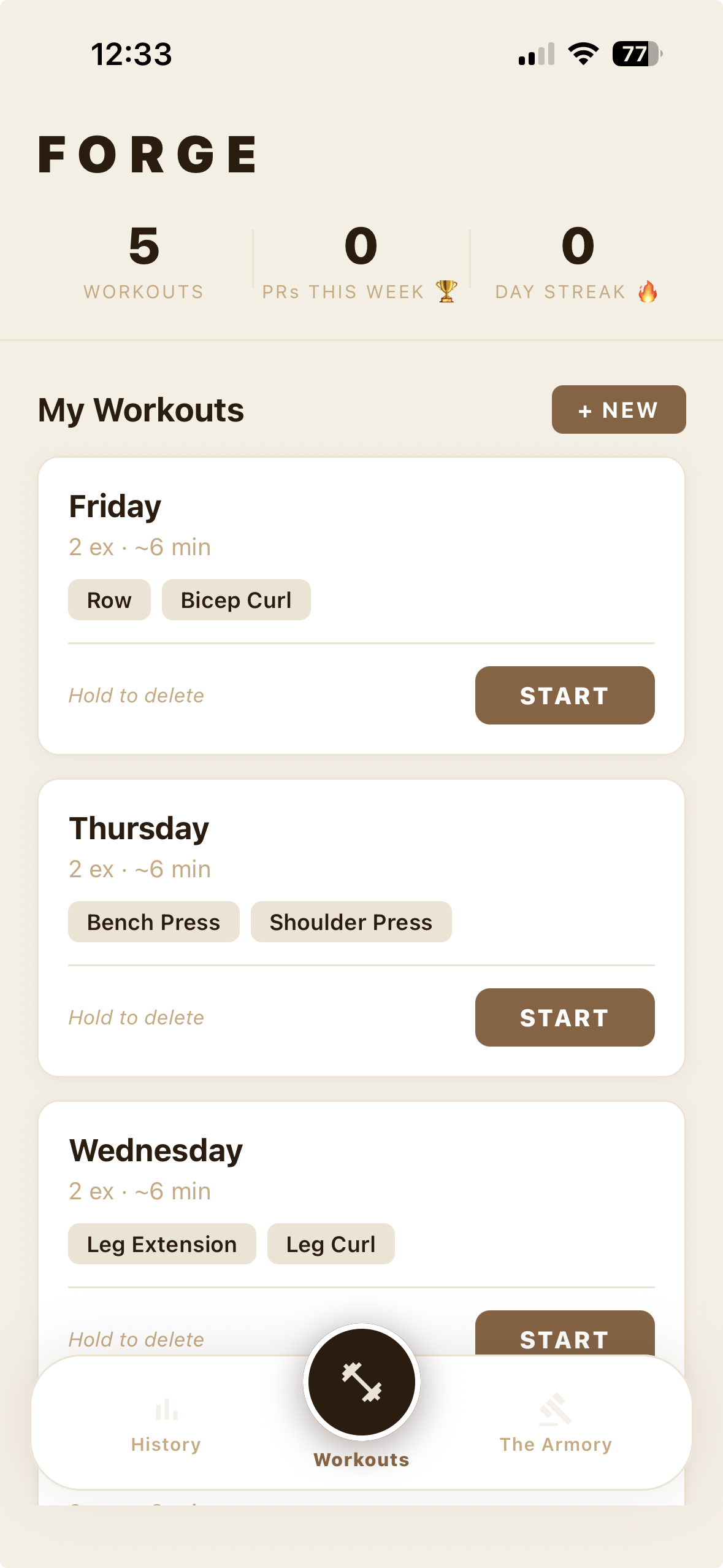 Forge Workouts Screen
